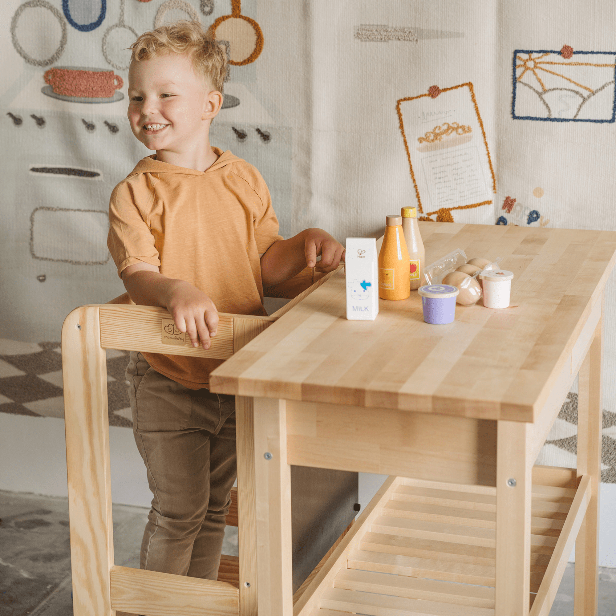 Meowbaby Kitchen Helper dla Dziecka - Regulowany Pomocnik Kuchenny | Drewniany