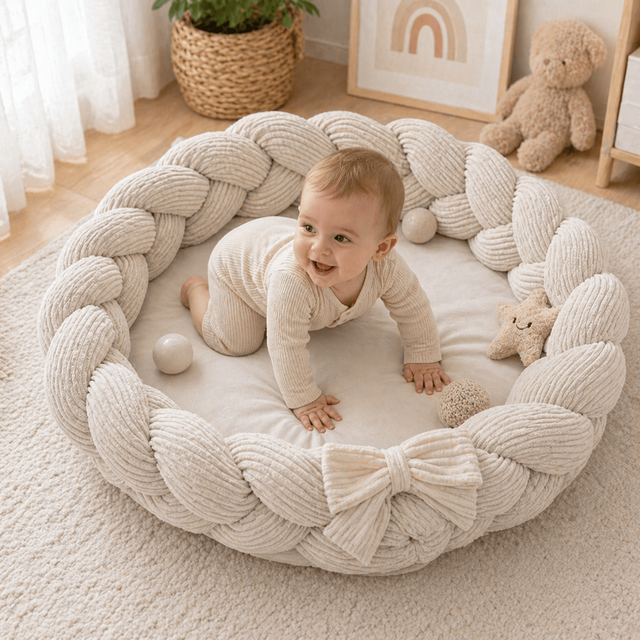 Meowbaby Kokon Niemowlęcy z Warkoczem Ochronnym - Mata do Zabawy | Aesthetic